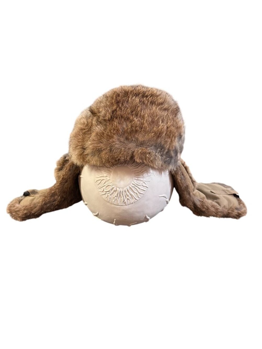 Mad Bomber Brown Cotton Hat With Natural Rabbit Fur Trim & Adjustable Ear Flaps